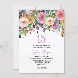Invitación Chicas 13.ª fiesta de cumpleaños invitan a flores