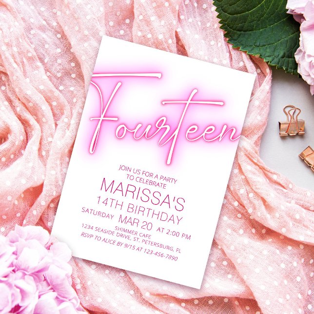 Invitación Chicas 14.º cumpleaños adolescente neón (Subido por el creador)