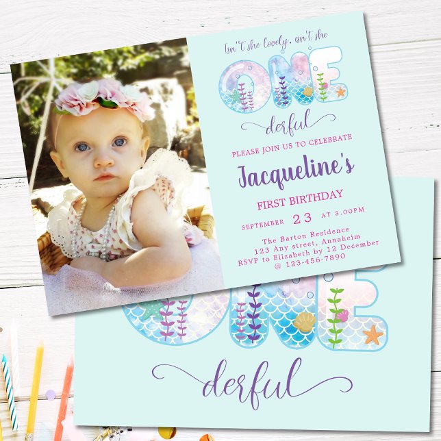 Invitación Chicas 1er cumpleaños bajo la Bonito del mar (Girls 1st Birthday pale blue aquamarine birthday invite. Miss ONEderful under the sea with photo.)