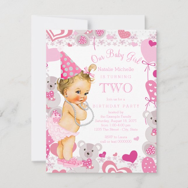 Invitación Chicas 2.º Fiesta de cumpleaños Pink Teddy Osos Co (Anverso)