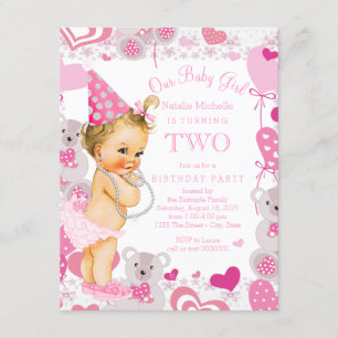 Invitación Chicas 2.º Fiesta de cumpleaños Pink Teddy Osos Co