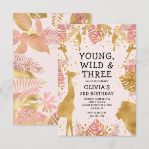 Invitación Chicas 3er cumpleaños Pastel Dorado Rosa Safari