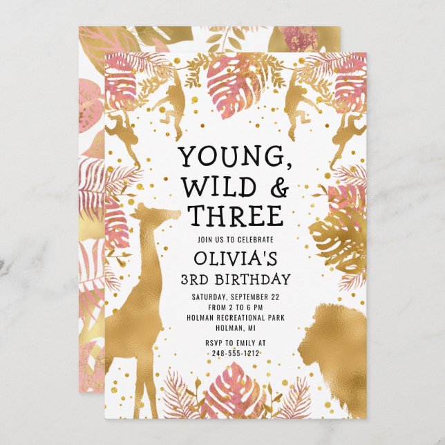 Invitación Chicas 3er cumpleaños Safari de oro rosado (Anverso / Reverso)