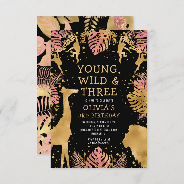Invitación Chicas 3er cumpleaños Safari negro de oro rosado (Anverso / Reverso)