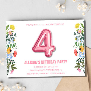Invitación Chicas 4ª fiesta de cumpleaños con globos