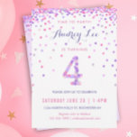 Invitación Chicas 4.º cumpleaños 4.º Fiesta Confetti<br><div class="desc">¡Celebra el cumpleaños de tu hijo de 4 años con coloridos confeti rosado y morado en estas invitaciones de cumpleaños de 4 años! Con los detalles del fiesta de su hija y un "4" en confeti. La parte posterior tiene un diseño de confeti con un suave color de lavanda. Este...</div>