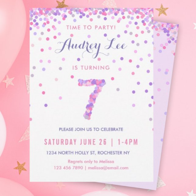 Invitación Chicas 7.º cumpleaños Séptimo Fiesta Confetti (Pink and purple confetti for your 7 year old's brithday party!)