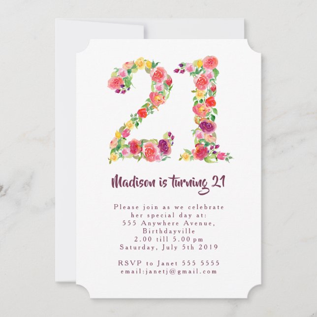 Invitación Chicas acuarela Floral 21er cumpleaños Fiesta form (Anverso)
