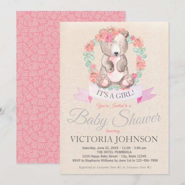 Invitación Chicas acuarela Floral Baby Bear Baby Shower (Anverso / Reverso)