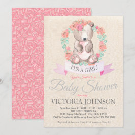 Invitación Chicas acuarela Floral Baby Bear Baby Shower