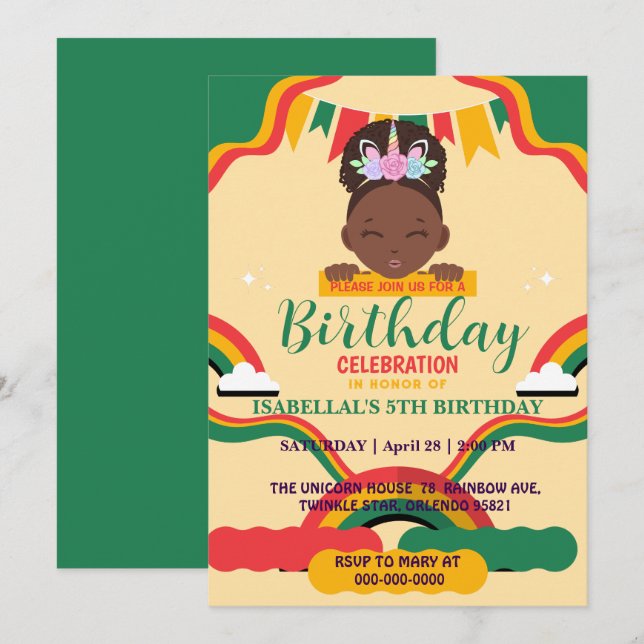 Invitación Chicas afro unicornio afroamericanos Cumpleaños (Anverso / Reverso)