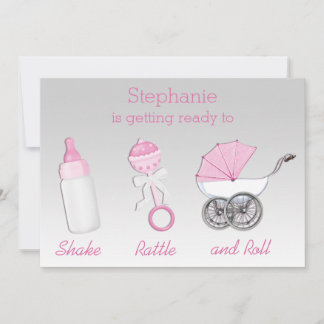 Invitación Chicas agitan Baby Shower rosado rollo rollo