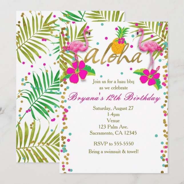 Invitación Chicas Aloha Luau Fiesta Tropical de Cumpleaños de (Anverso / Reverso)