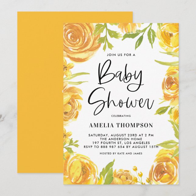Invitación Chicas amarillas y Rosas Floral Wreath Baby Shower (Anverso / Reverso)