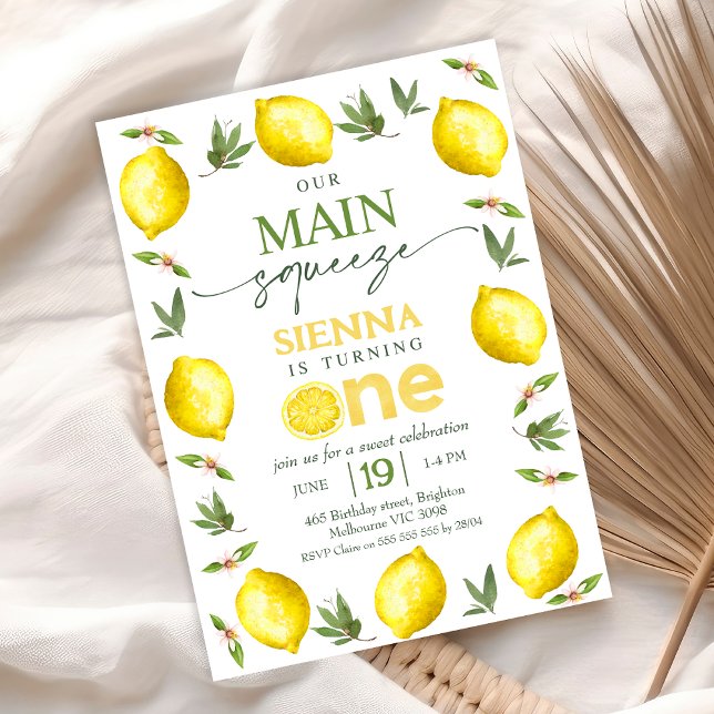 Invitación Chicas amarillos modernos nuestro principal apretó (Main Squeeze 1st Birthday Invitation Template Baby Girl, Lemon First Birthday Party Invitation)