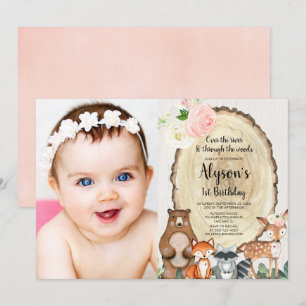 Invitación Chicas animales de bosque primera foto de cumpleañ