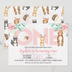 Invitación Chicas Animales de Woodland 1er cumpleaños invitac