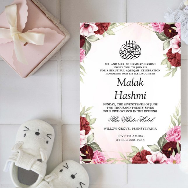 Invitación Chicas Aqiqa bebé floral rojo Aqeeqah (Subido por el creador)