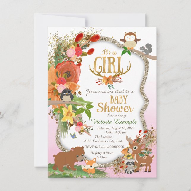 Invitación Chicas Baby Shower Bosque Cuerno de Ciervo (Anverso)