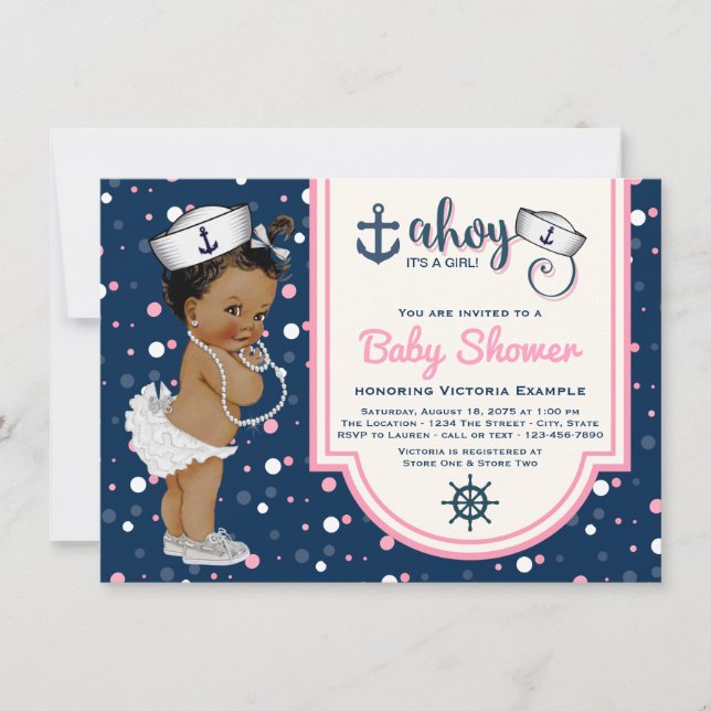 Invitación Chicas Baby Shower Náutico Afroamericano (Anverso)