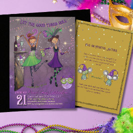 Invitación Chicas Bailando en Fancy Mardi Gras Fiesta Púrpura