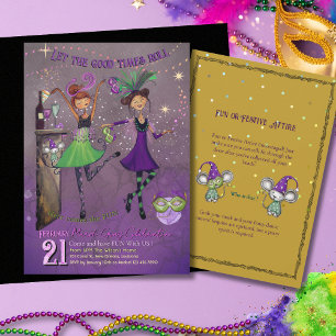 Invitación Chicas Bailando en Fancy Mardi Gras Fiesta Púrpura