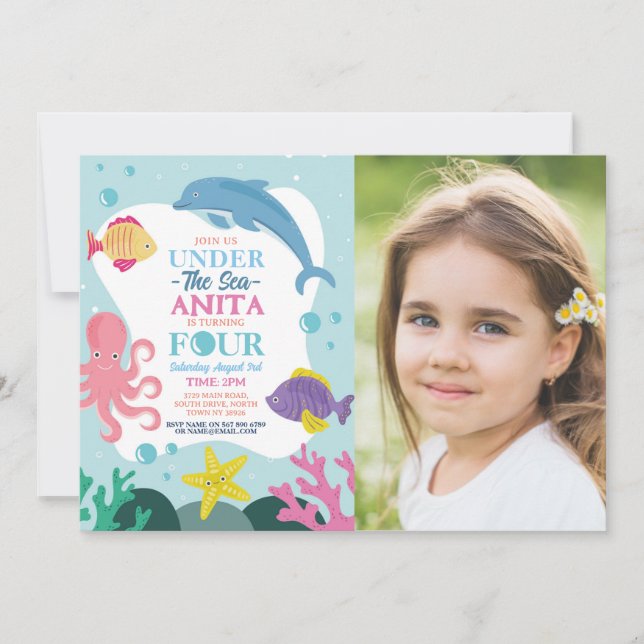 Invitación Chicas Bajo El Mar Cuatro Foto De Delfín Marino 4º (Anverso)