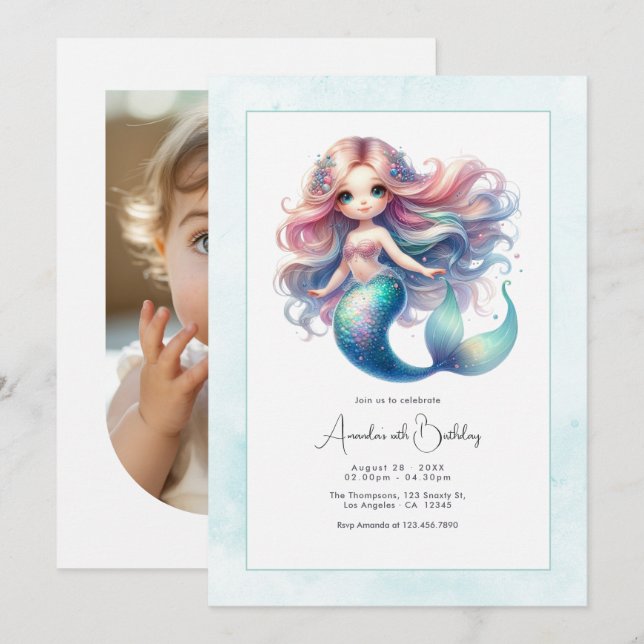 Invitación Chicas bajo el mar Fiesta de Cumpleaños de Sirena  (Anverso / Reverso)