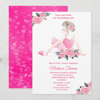 Invitación Chicas Ballerina Rosa Sparkle Hearts Fiesta de cum