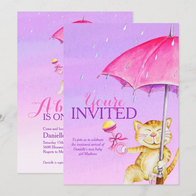 Invitación Chicas bebé paraguas de ducha flojos gatos invitac (Anverso / Reverso)