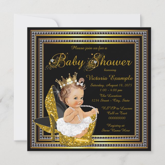 Invitación Chicas Bebé Shower Negro de Tacón Alto Oro (Anverso)