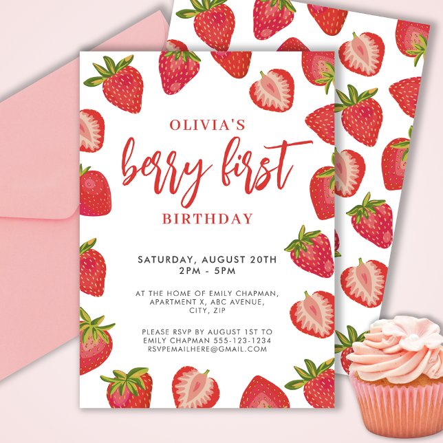 Invitación Chicas Berry Primera fiesta de cumpleaños de fresa (Cute girls Berry First strawberry birthday party invitation.  Customize with your own event details.)