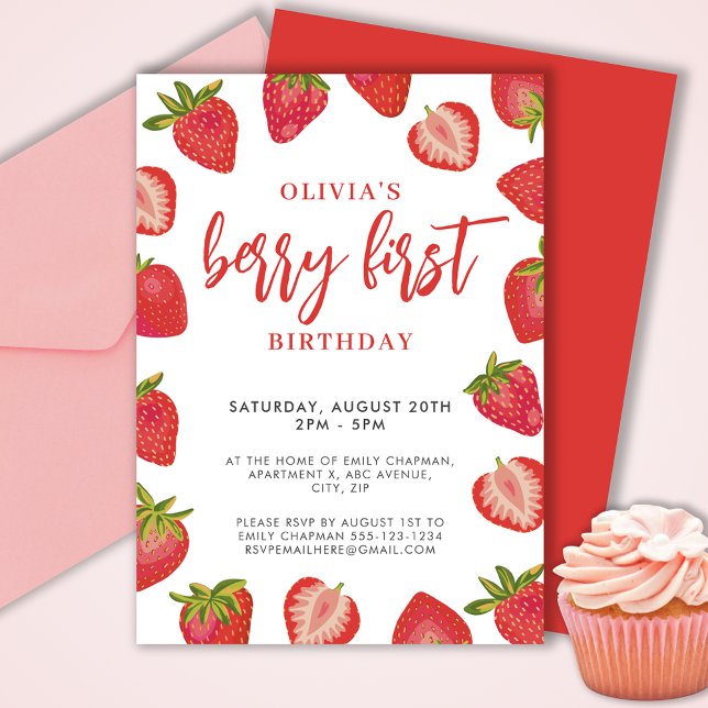 Invitación Chicas Berry Primera fiesta de cumpleaños de fresa (Cute girls Berry First strawberry birthday party invitation.  Customize with your own event details.)