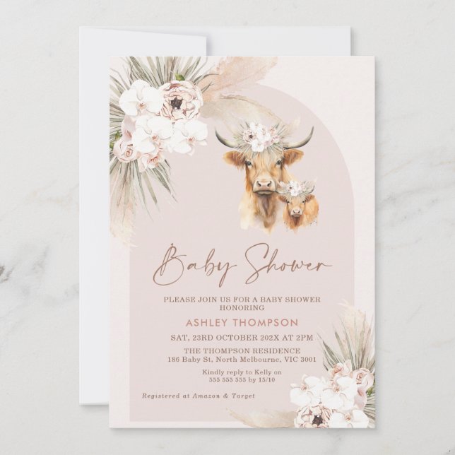 Invitación Chicas Boho Floral Arch Highland Cow Baby Shower (Anverso)