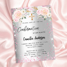 Invitación Chicas brillantes de flores rosadas plateadas de c