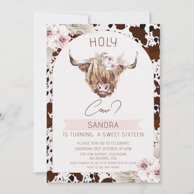 Invitación Chicas Brown Highland Cow Imprimir cumpleaños 16 (Anverso)