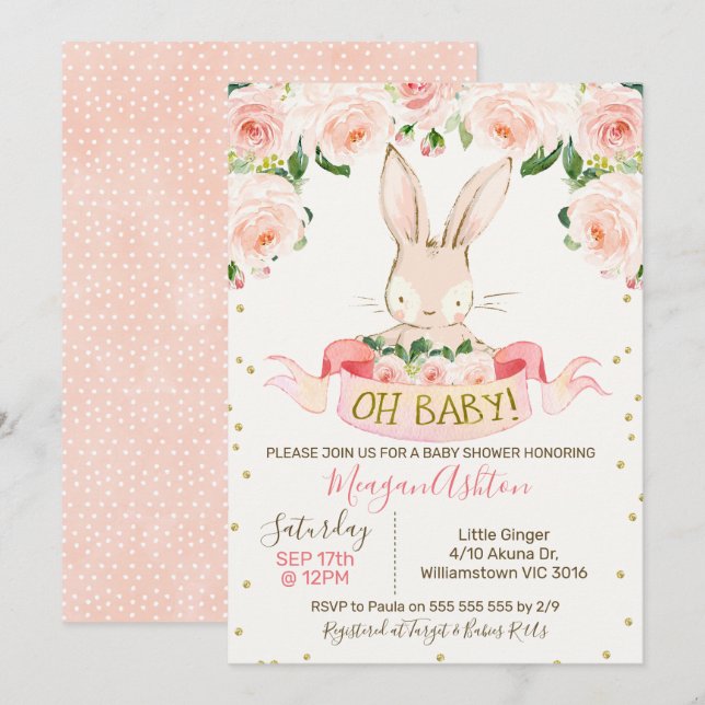 Invitación Chicas Bunny Rabbit Baby Shower (Anverso / Reverso)