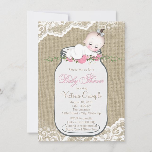 Invitación Chicas Burlap Mason Jar Baby Shower (Anverso)