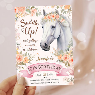 Invitación Chicas Caballo 10 cumpleaños silla de flores rosad
