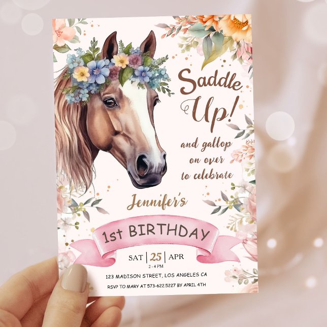 Invitación Chicas Caballo 10 cumpleaños silla de flores rosad (Subido por el creador)