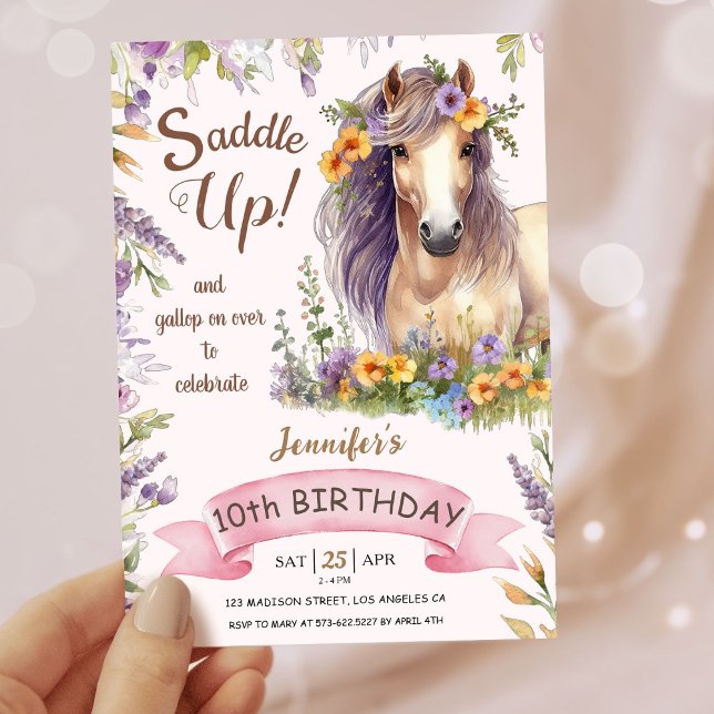Invitación Chicas Caballo 10 cumpleaños silla morada floral a (Subido por el creador)
