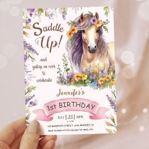 Invitación Chicas Caballo 1er Cumpleaños Caballo Morado Flora