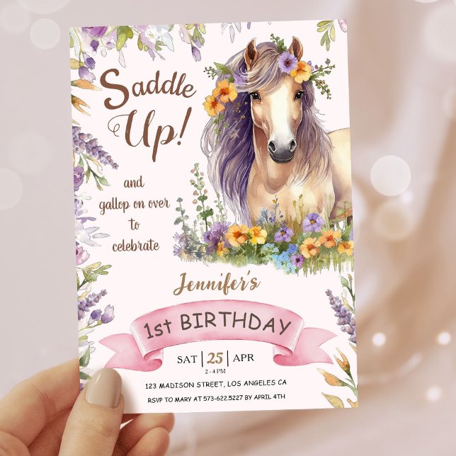 Invitación Chicas Caballo 1er Cumpleaños Caballo Morado Flora (Subido por el creador)