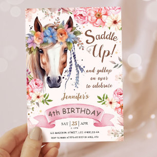 Invitación Chicas Caballo 4º cumpleaños Novia Floral Rosa