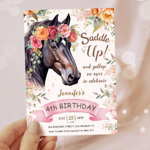 Invitación Chicas Caballo 4 cumpleaños Cowgirl Saddle