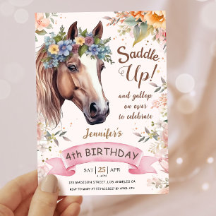Invitación Chicas Caballo 4 cumpleaños silla de flores rosada