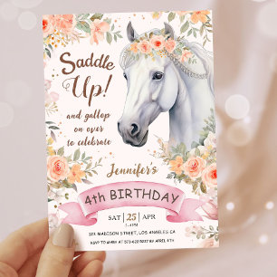 Invitación Chicas Caballo 4 cumpleaños silla de flores rosada