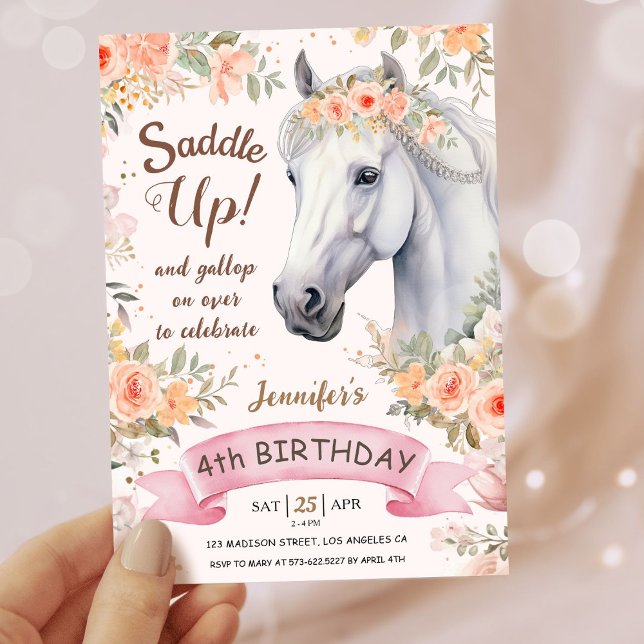 Invitación Chicas Caballo 4 cumpleaños silla de flores rosada (Subido por el creador)