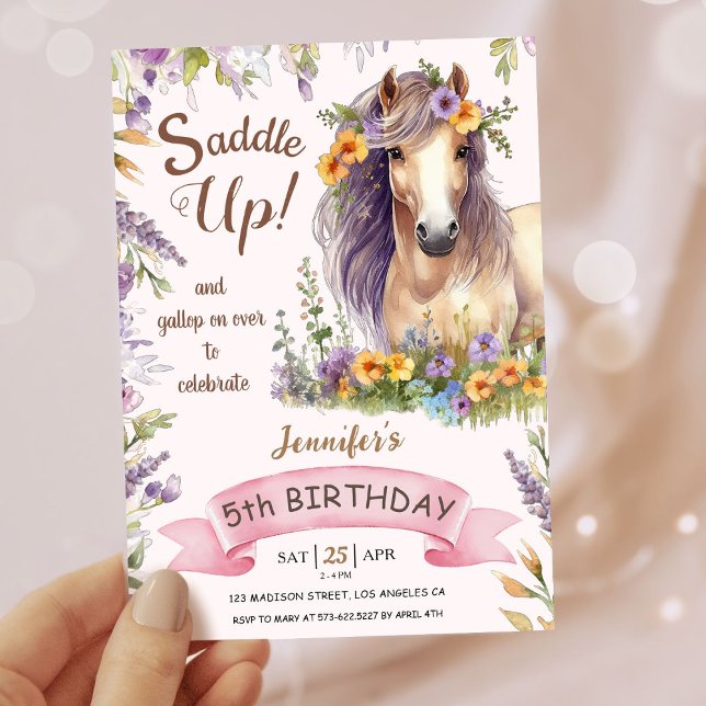 Invitación Chicas Caballo 5º cumpleaños Caballo Morado Floral (Subido por el creador)