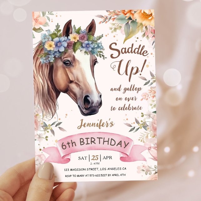 Invitación Chicas Caballo 6 cumpleaños silla de flores rosada (Subido por el creador)